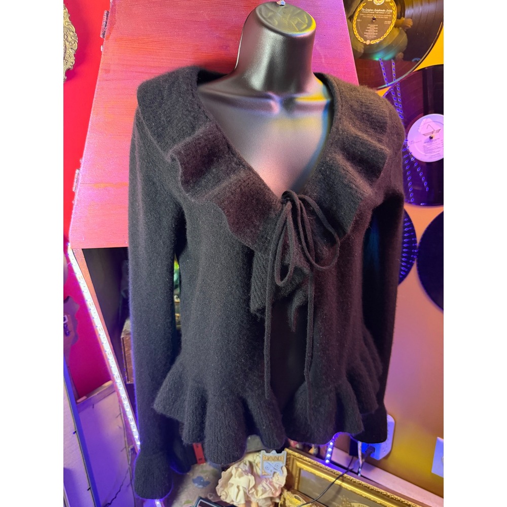 Y2K Black Ruffle Tie Front Knit Cardigan Sweater Peplum Hem